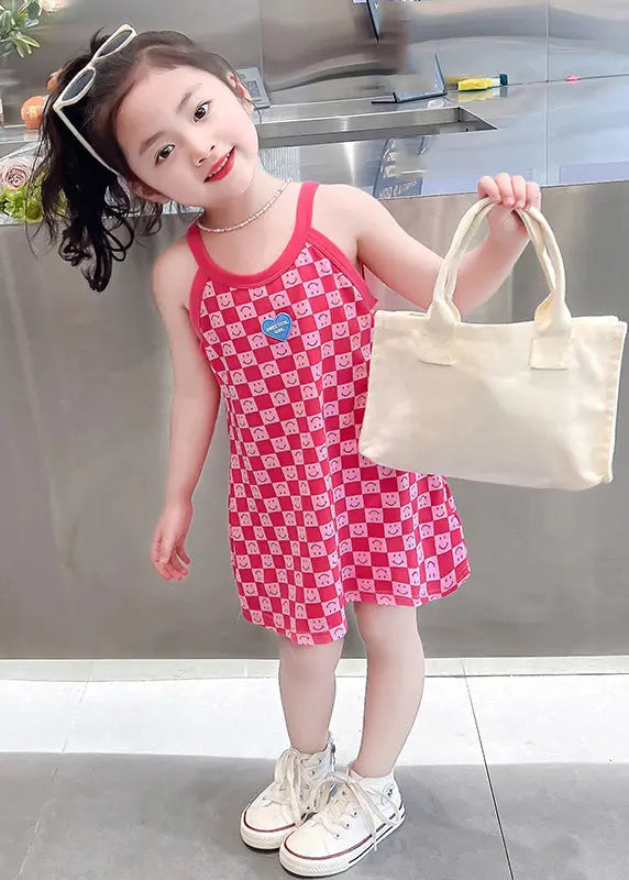 Cute Pink O-Neck Print Girls Slip Mid Dress Summer Ada Fashion