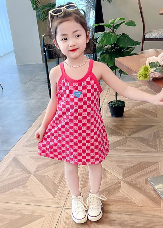 Cute Pink O-Neck Print Girls Slip Mid Dress Summer Ada Fashion
