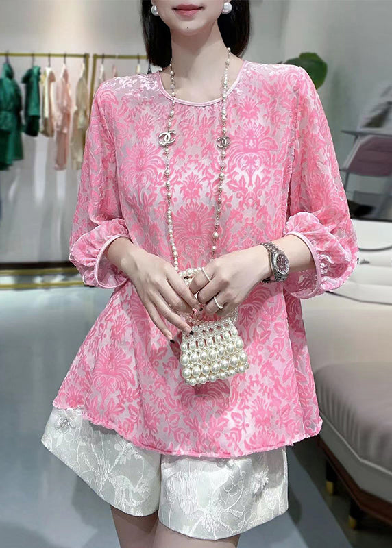 Cute Pink O-Neck Silk Velour Patchwork Chiffon T Shirt Fall Ada Fashion