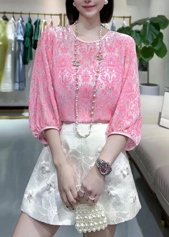 Cute Pink O-Neck Silk Velour Patchwork Chiffon T Shirt Fall Ada Fashion