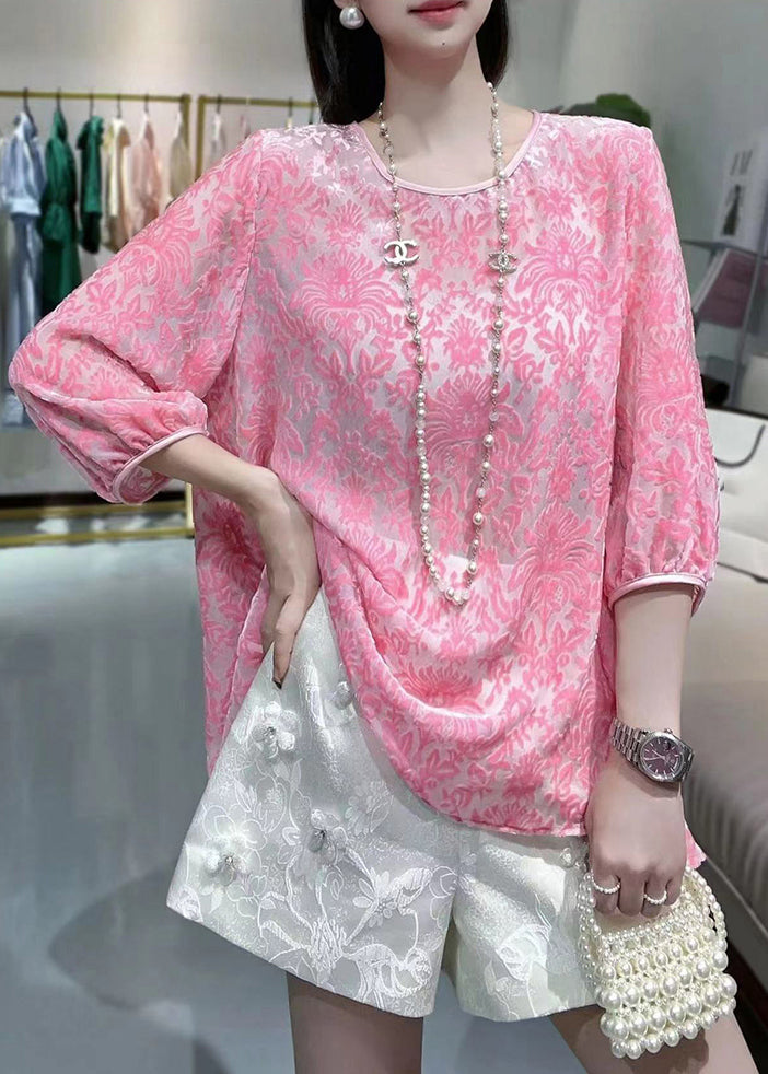 Cute Pink O-Neck Silk Velour Patchwork Chiffon T Shirt Fall Ada Fashion