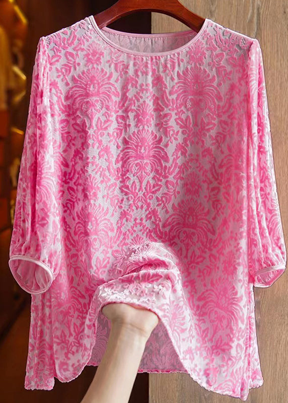 Cute Pink O-Neck Silk Velour Patchwork Chiffon T Shirt Fall Ada Fashion