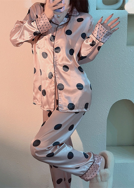 Cute Pink Peter Pan Collar Dot Print Button Ice Silk Pajamas Two Pieces Set Long Sleeve TO1006 - fabuloryshop