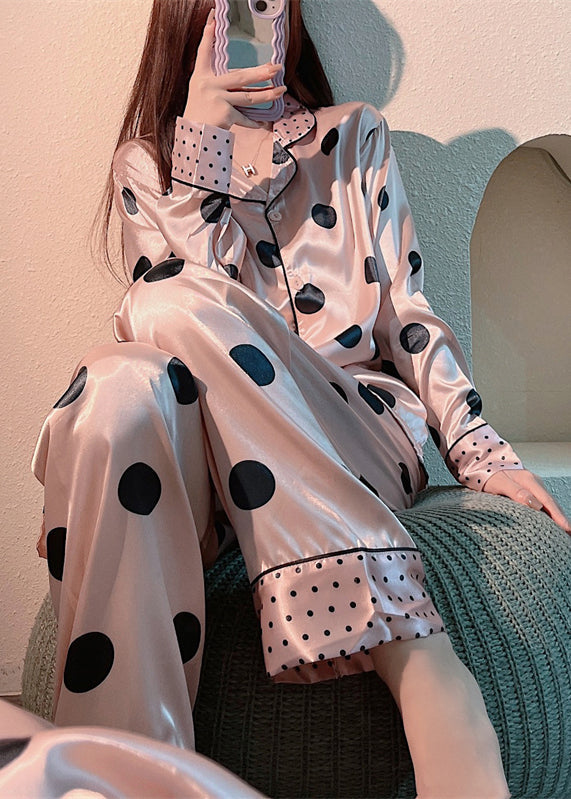 Cute Pink Peter Pan Collar Dot Print Button Ice Silk Pajamas Two Pieces Set Long Sleeve TO1006 - fabuloryshop