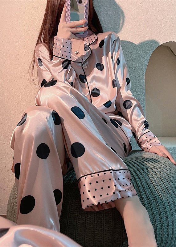 Cute Pink Peter Pan Collar Dot Print Button Ice Silk Pajamas Two Pieces Set Long Sleeve LY1873 - fabuloryshop