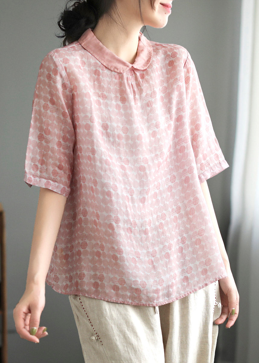 Cute Pink Peter Pan Collar Dot Print Linen Tops Summer LY2983 - fabuloryshop