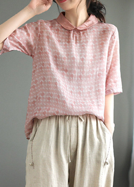 Cute Pink Peter Pan Collar Dot Print Linen Tops Summer LY2983 - fabuloryshop