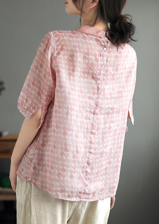 Cute Pink Peter Pan Collar Dot Print Linen Tops Summer LY2983 - fabuloryshop