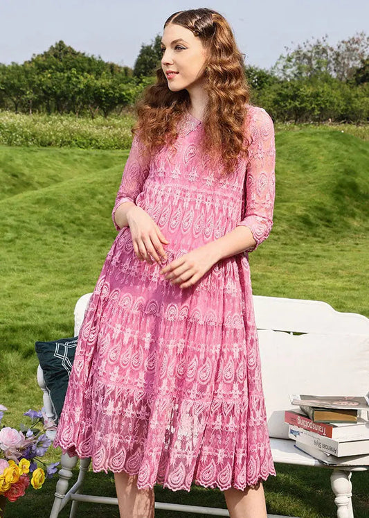 Cute Pink Peter Pan Collar Embroidered Floral Tulle Long Dresses Summer Ada Fashion