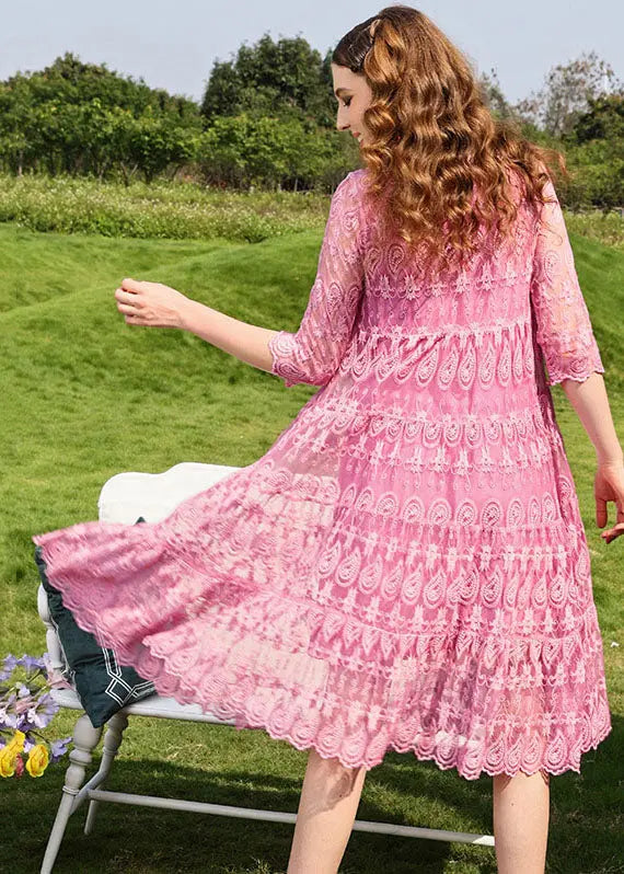 Cute Pink Peter Pan Collar Embroidered Floral Tulle Long Dresses Summer Ada Fashion