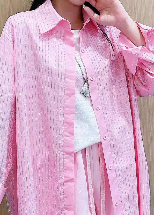 Cute Pink Peter Pan Collar Striped Button Ice Silk Shirt Long Sleeve LY6024 - fabuloryshop