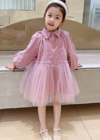 Cute Pink Peter Pan Collar Tulle Patchwork Cotton Kids Girls Dress Fall Ada Fashion