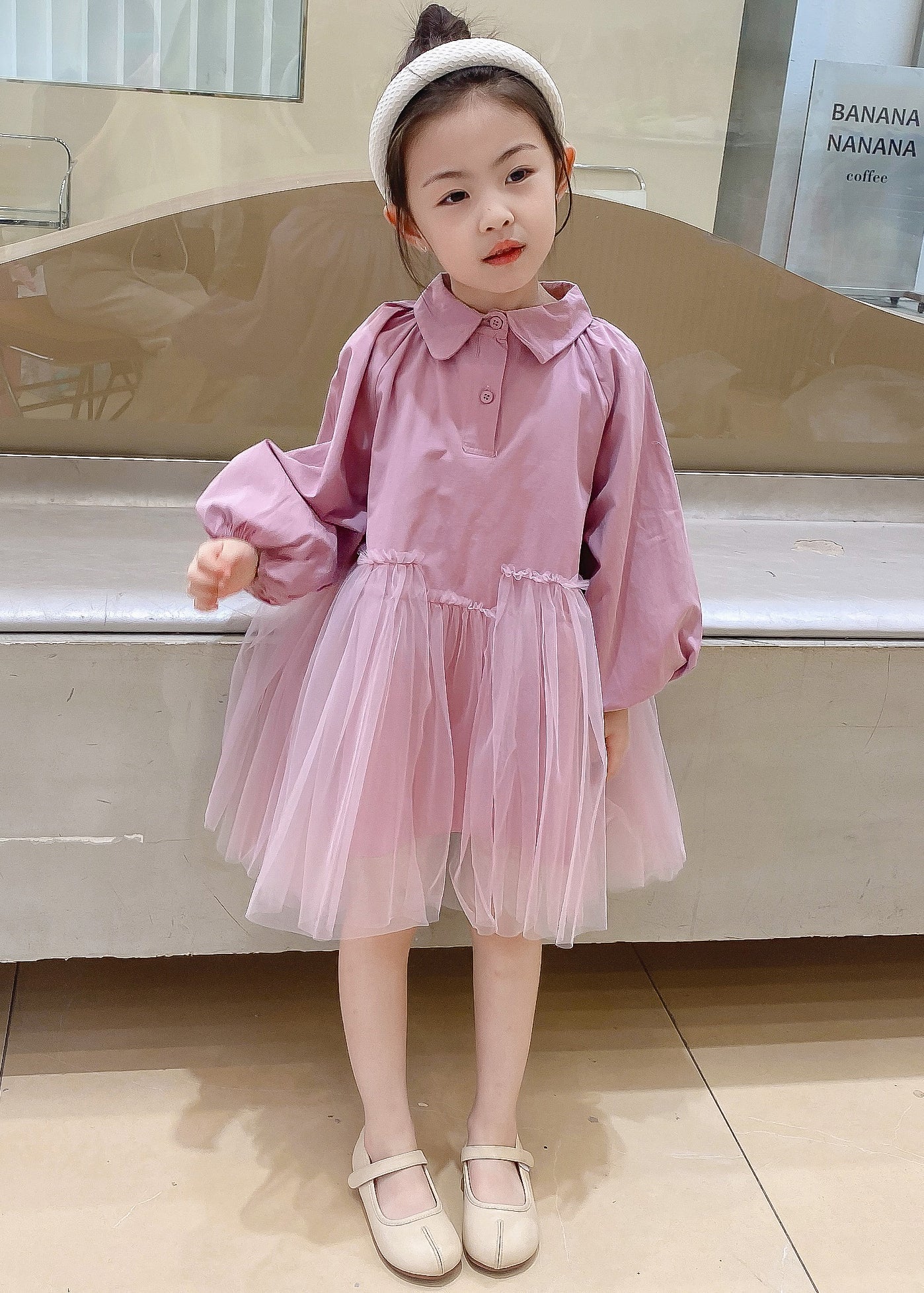 Cute Pink Peter Pan Collar Tulle Patchwork Cotton Kids Girls Dress Fall Ada Fashion