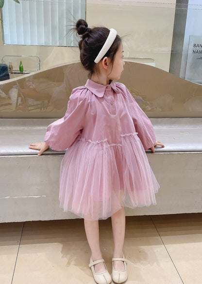 Cute Pink Peter Pan Collar Tulle Patchwork Cotton Kids Girls Dress Fall Ada Fashion