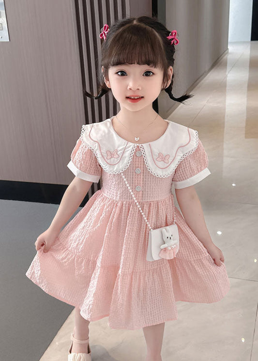 Cute Pink Peter Pan Collar Wrinkled Patchwork Cotton Baby Girls Dress Summer LY5479 - fabuloryshop