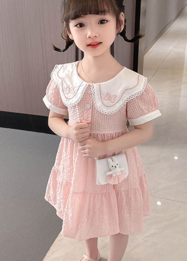 Cute Pink Peter Pan Collar Wrinkled Patchwork Cotton Baby Girls Dress Summer LY5479 - fabuloryshop