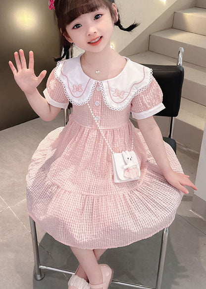 Cute Pink Peter Pan Collar Wrinkled Patchwork Cotton Baby Girls Dress Summer LY5479 - fabuloryshop