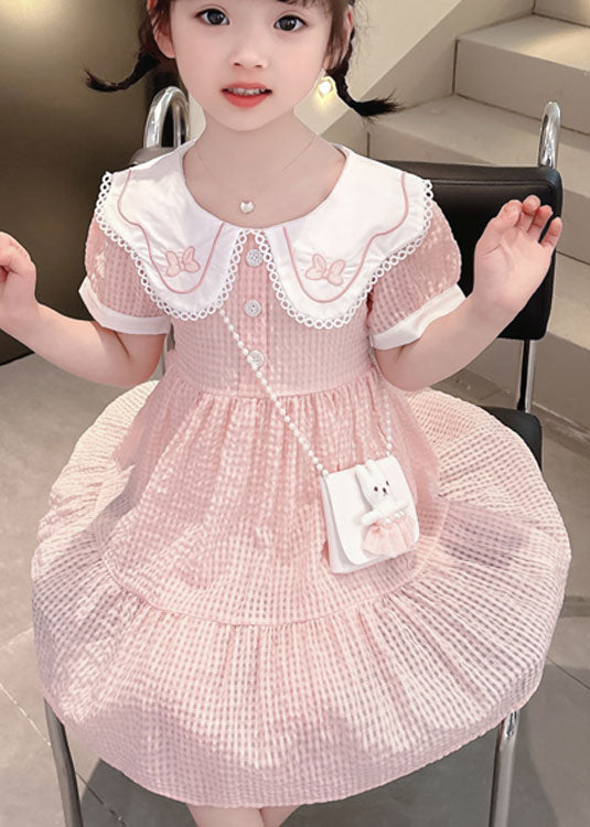 Cute Pink Peter Pan Collar Wrinkled Patchwork Cotton Baby Girls Dress Summer LY5479 - fabuloryshop