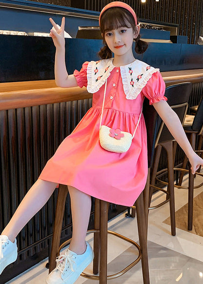 Cute Pink Print Patchwork Wrinkled Cotton Girls Holiday Mid Dress Short Sleeve LY6461 - fabuloryshop