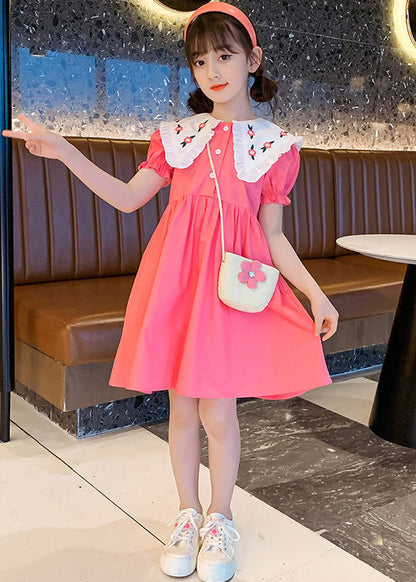 Cute Pink Print Patchwork Wrinkled Cotton Girls Holiday Mid Dress Short Sleeve LY6461 - fabuloryshop