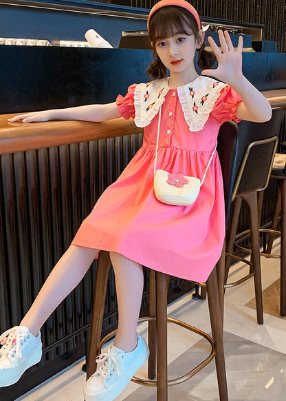 Cute Pink Print Patchwork Wrinkled Cotton Girls Holiday Mid Dress Short Sleeve LY6461 - fabuloryshop