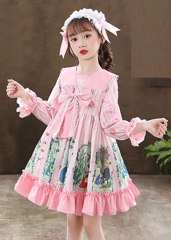 Cute Pink Print Ruffled Patchwork Bow Girls Mid Dresses Fall Ada Fashion