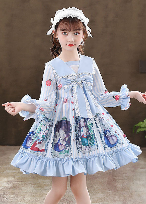 Cute Pink Print Ruffled Patchwork Bow Girls Mid Dresses Fall Ada Fashion