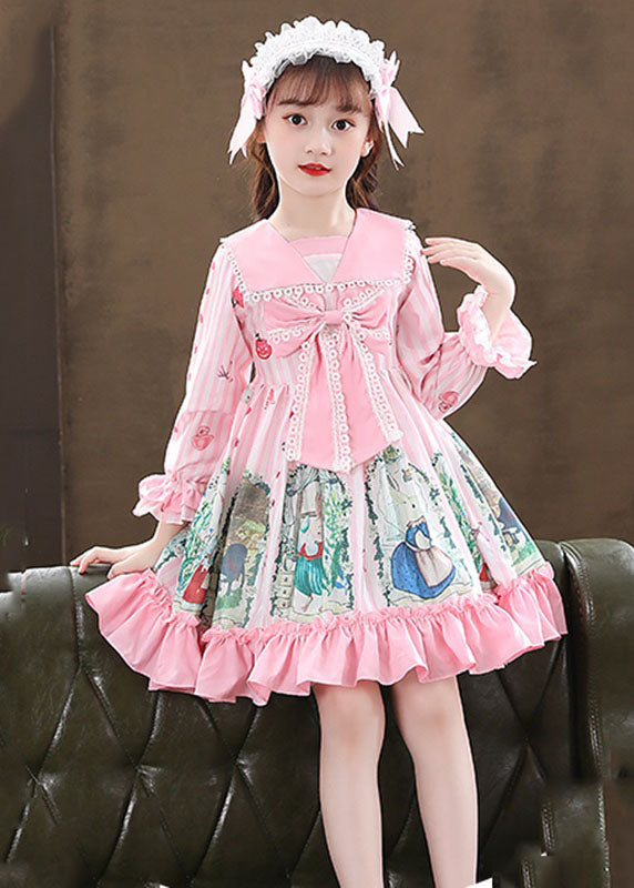 Cute Pink Print Ruffled Patchwork Bow Girls Mid Dresses Fall Ada Fashion