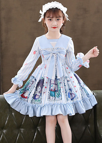 Cute Pink Print Ruffled Patchwork Bow Girls Mid Dresses Fall Ada Fashion