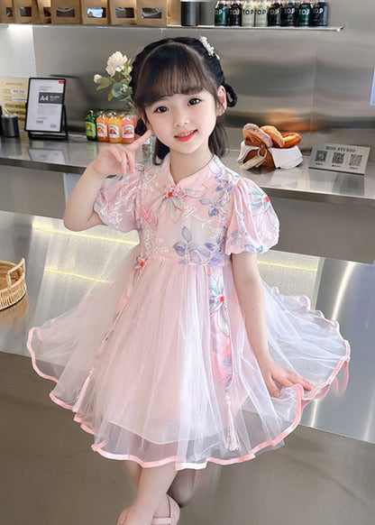 Cute Pink Print Wrinkled Patchwork Tulle Kids Girls Dresses Summer LY6537 - fabuloryshop