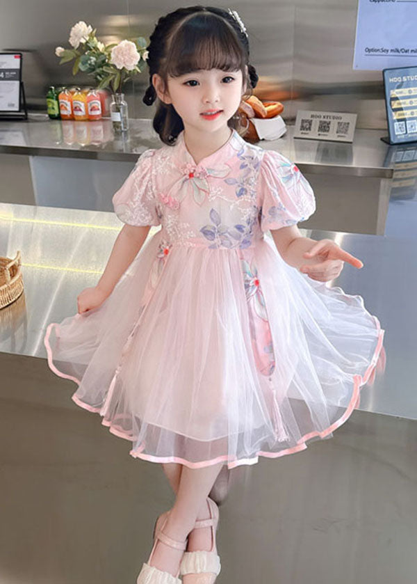 Cute Pink Print Wrinkled Patchwork Tulle Kids Girls Dresses Summer LY6537 - fabuloryshop