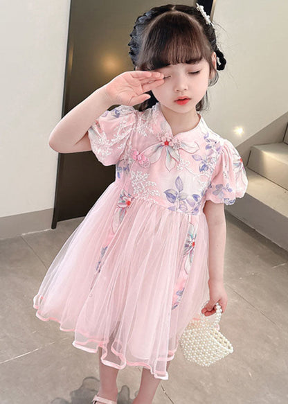 Cute Pink Print Wrinkled Patchwork Tulle Kids Girls Dresses Summer LY6537 - fabuloryshop