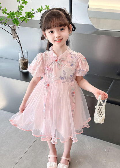 Cute Pink Print Wrinkled Patchwork Tulle Kids Girls Dresses Summer LY6537 - fabuloryshop