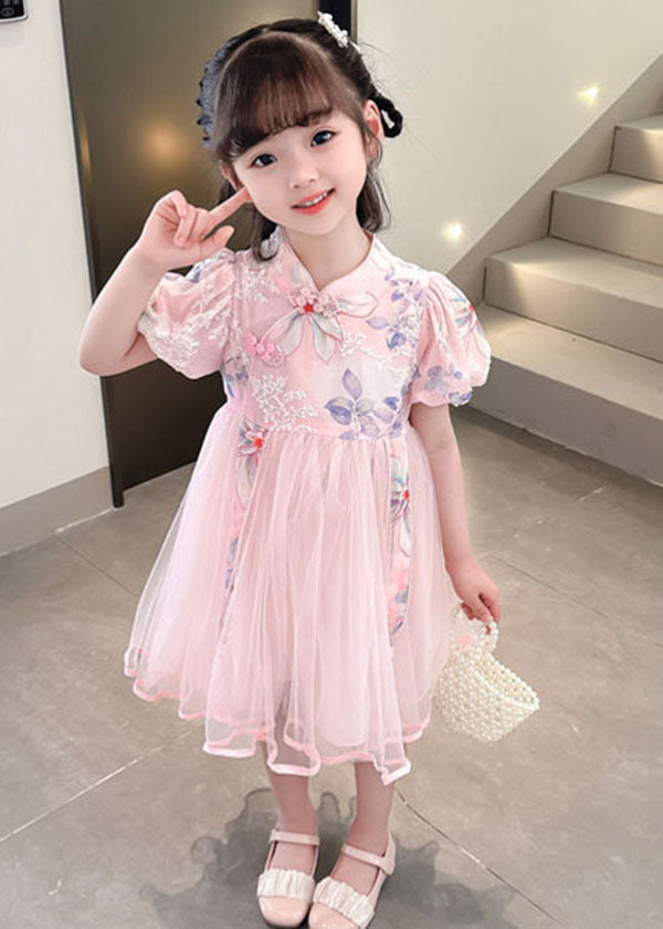 Cute Pink Print Wrinkled Patchwork Tulle Kids Girls Dresses Summer LY6537 - fabuloryshop