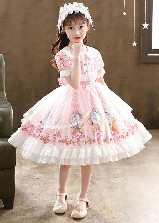 Cute Pink Ruffled Cartoon Print Patchwork Chiffon Kids Girls Princess Dress Summer LY6473 Ada Fashion