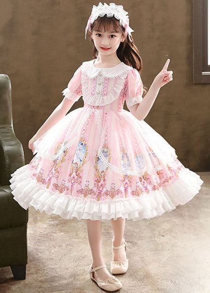 Cute Pink Ruffled Cartoon Print Patchwork Chiffon Kids Girls Princess Dress Summer LY6473 Ada Fashion