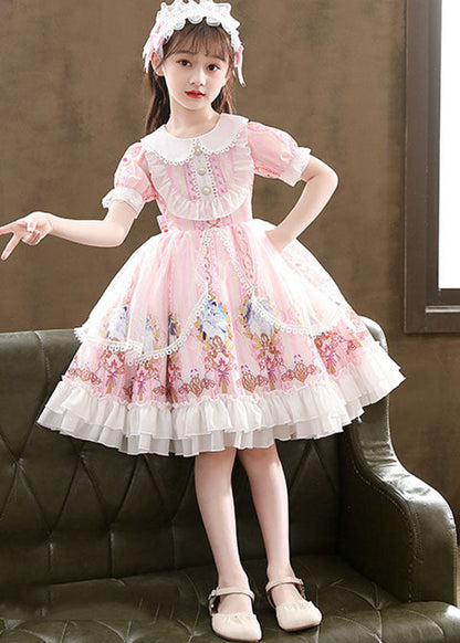 Cute Pink Ruffled Cartoon Print Patchwork Chiffon Kids Girls Princess Dress Summer LY6473 Ada Fashion