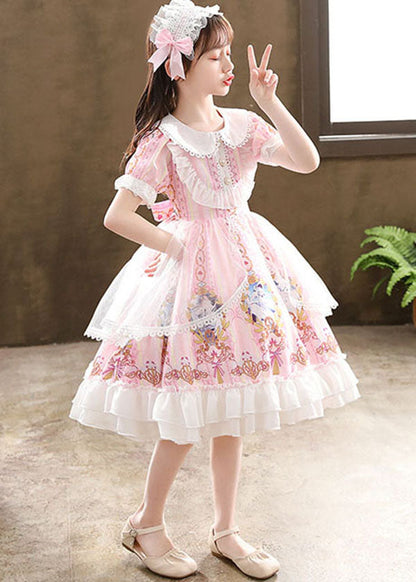 Cute Pink Ruffled Cartoon Print Patchwork Chiffon Kids Girls Princess Dress Summer LY6473 Ada Fashion