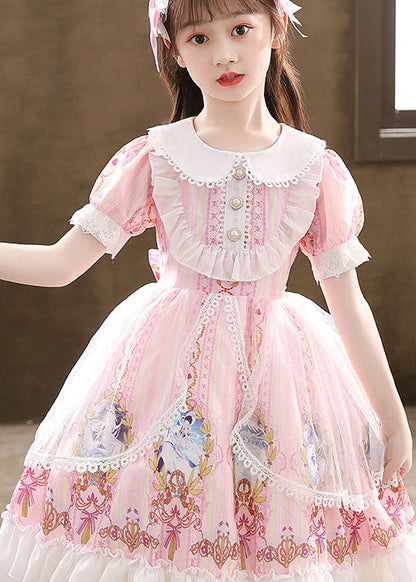 Cute Pink Ruffled Cartoon Print Patchwork Chiffon Kids Girls Princess Dress Summer LY6473 Ada Fashion