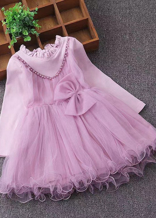 Cute Pink Ruffled Nail Bead Patchwork Tulle Baby Girls Dresses Fall Ada Fashion