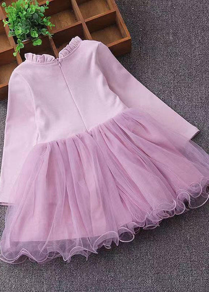 Cute Pink Ruffled Nail Bead Patchwork Tulle Baby Girls Dresses Fall Ada Fashion