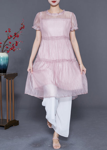 Cute Pink Ruffled Patchwork Silk A Line Dress Summer LY5552 - fabuloryshop