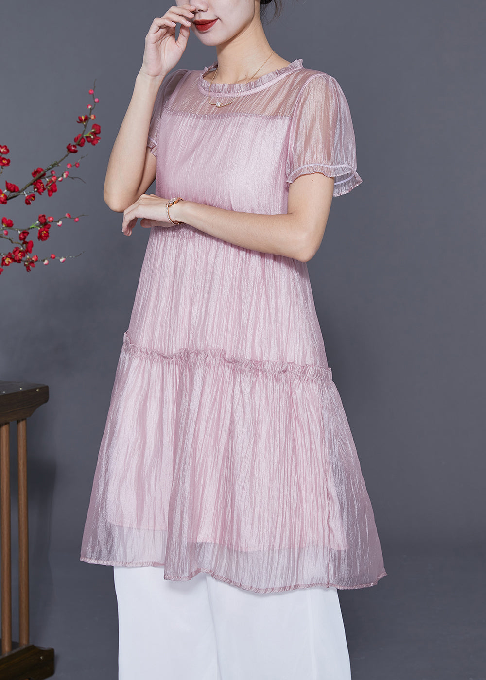 Cute Pink Ruffled Patchwork Silk A Line Dress Summer LY5552 - fabuloryshop