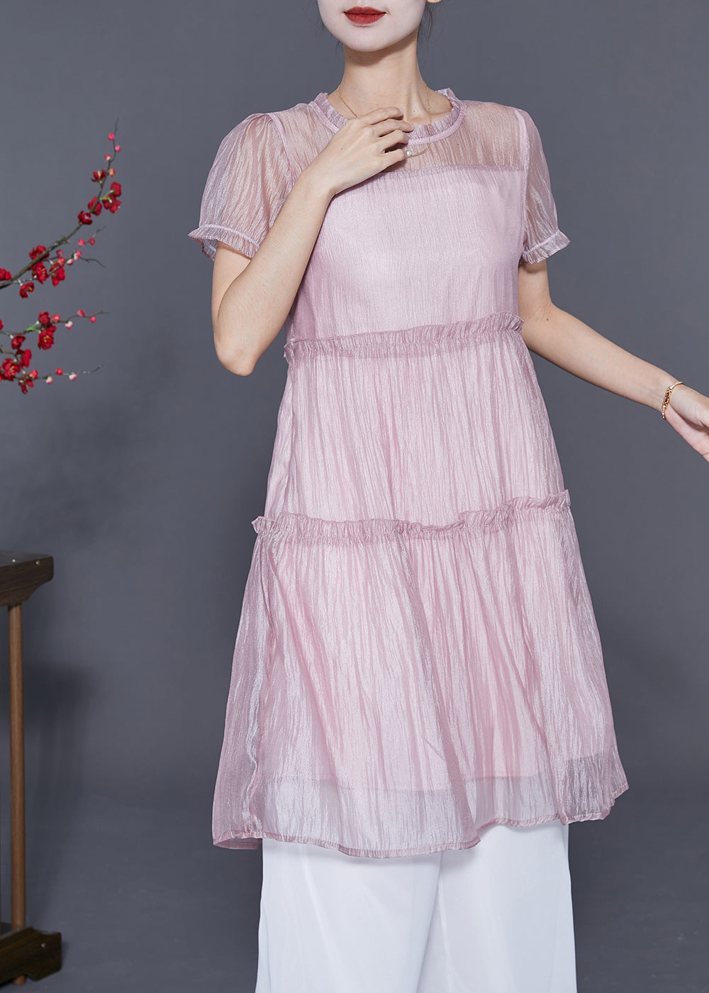 Cute Pink Ruffled Patchwork Silk A Line Dress Summer LY5552 - fabuloryshop