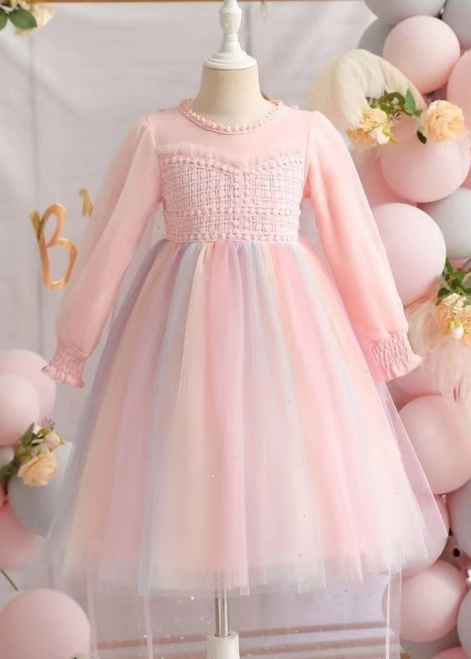 Cute Pink Ruffled Patchwork Tulle Baby Girls Dresses Fall Ada Fashion