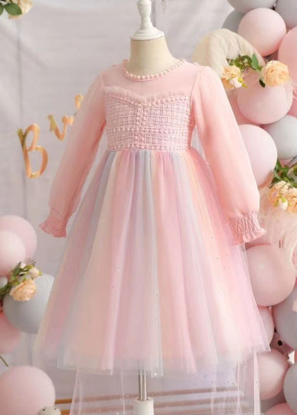 Cute Pink Ruffled Patchwork Tulle Baby Girls Dresses Fall Ada Fashion