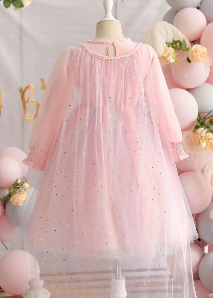 Cute Pink Ruffled Patchwork Tulle Baby Girls Dresses Fall Ada Fashion