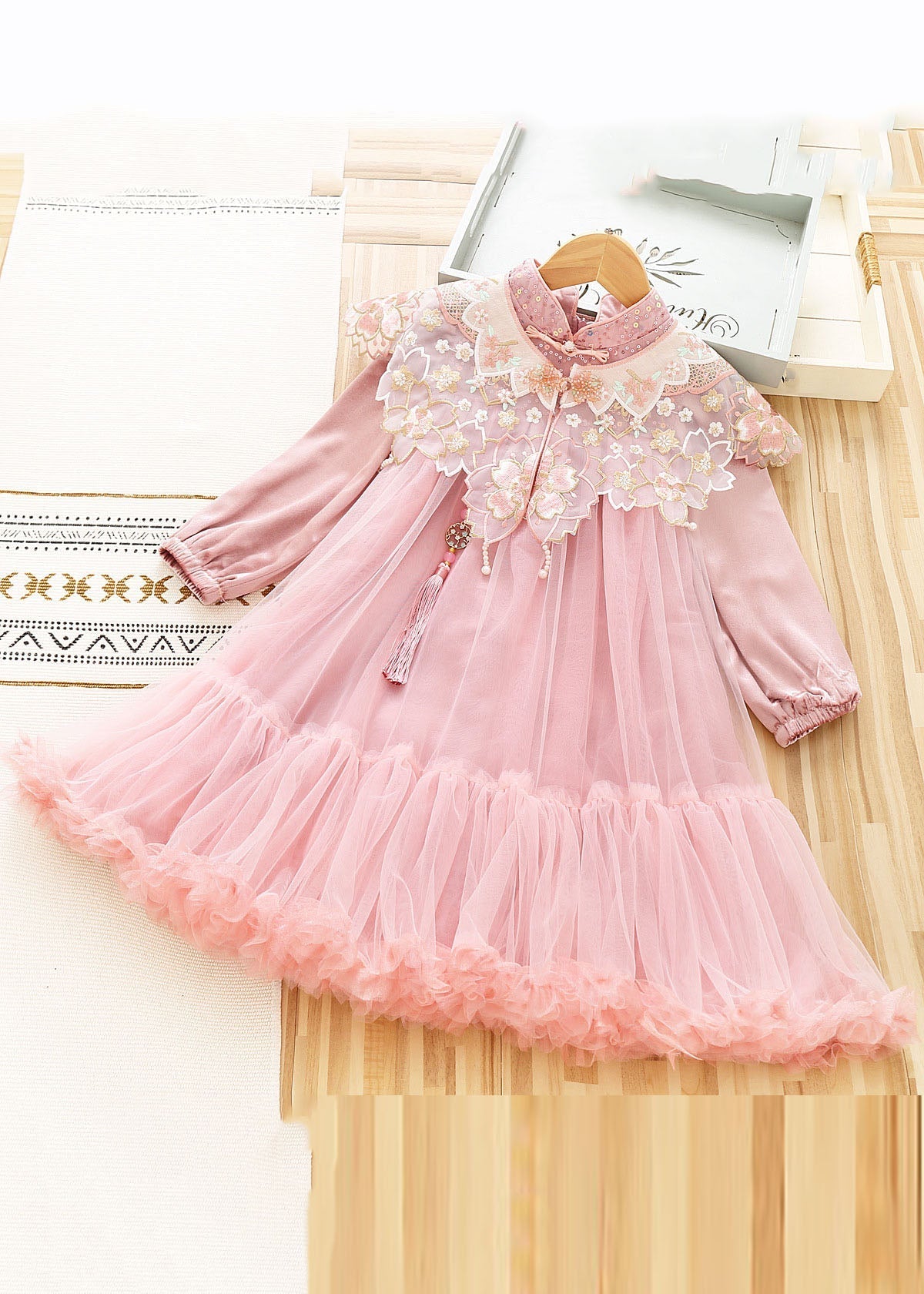 Cute Pink Stand Collar Sequins Patchwork Tulle Girls Shawl And Dress Two Pieces Set Long Sleeve Ada Fashion