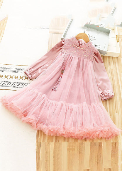 Cute Pink Stand Collar Sequins Patchwork Tulle Girls Shawl And Dress Two Pieces Set Long Sleeve Ada Fashion