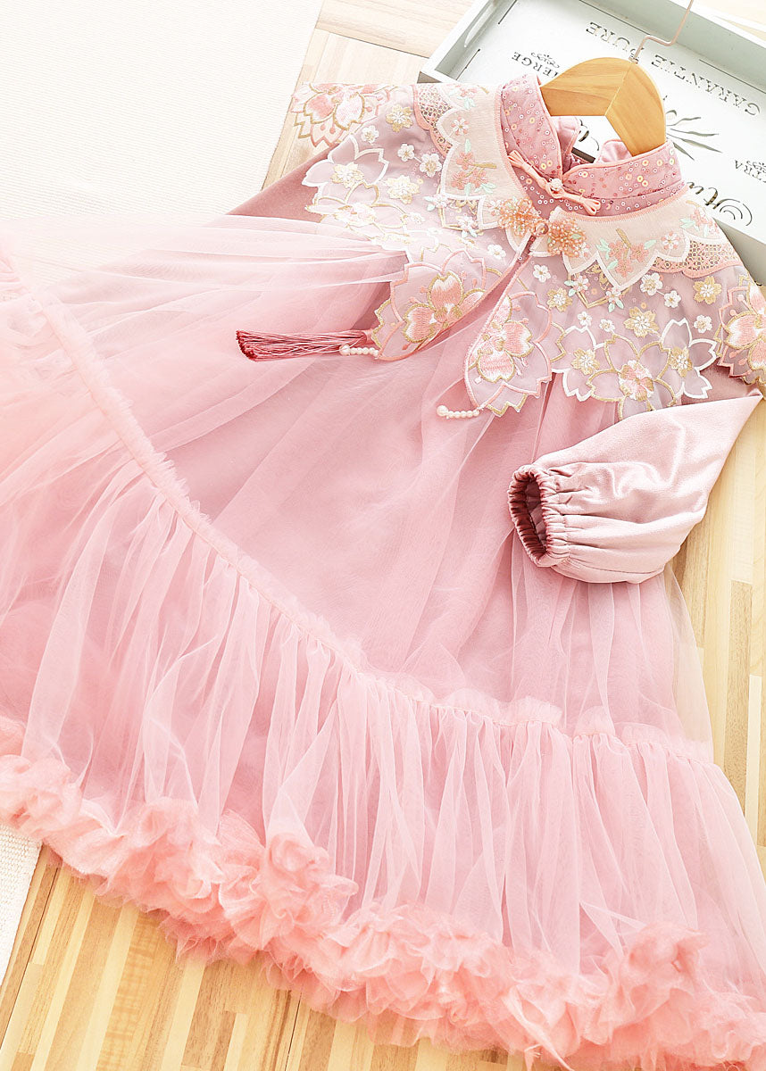 Cute Pink Stand Collar Sequins Patchwork Tulle Girls Shawl And Dress Two Pieces Set Long Sleeve Ada Fashion